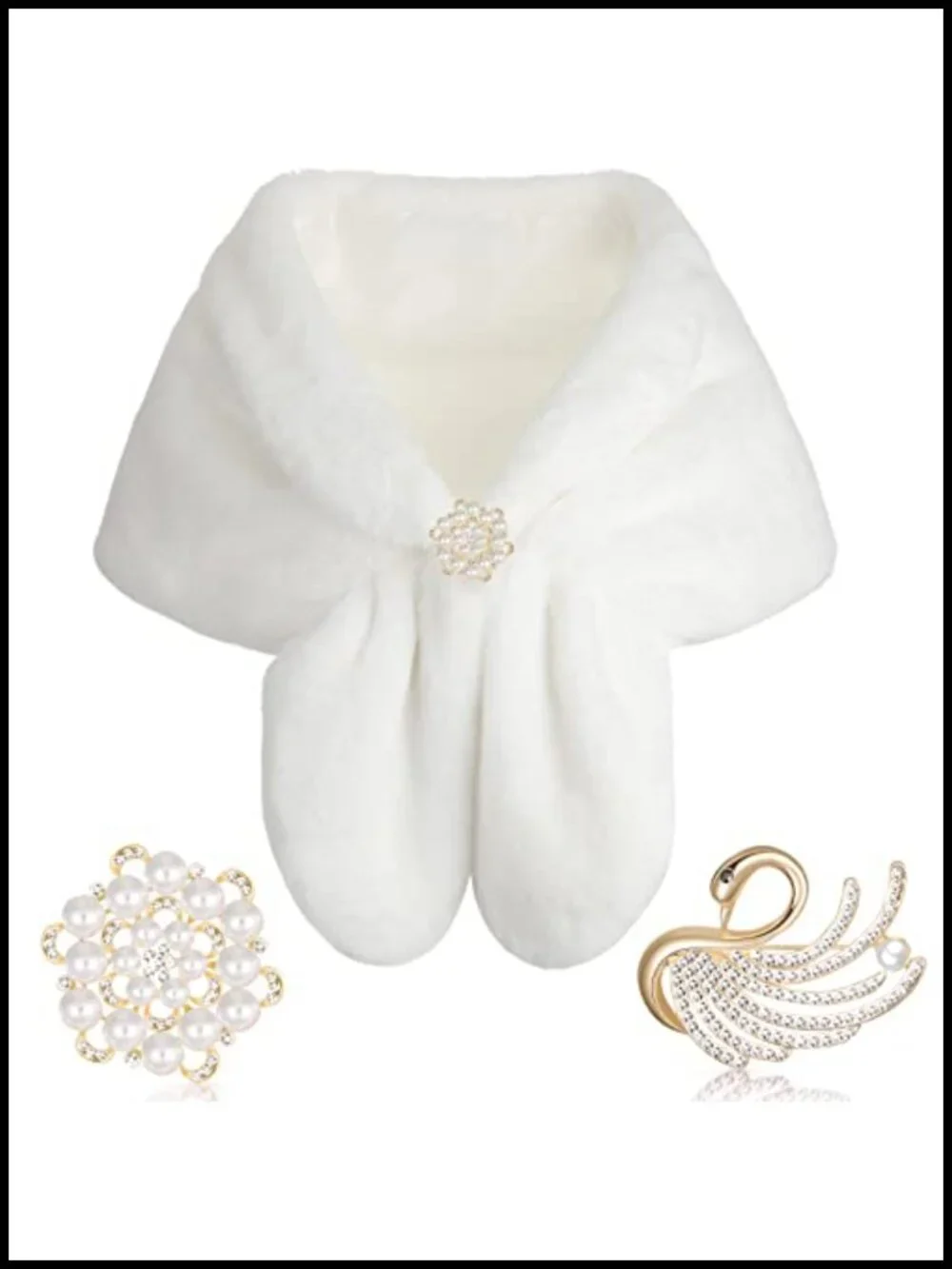 Faux Fur Shawl Wrap Stole Winter Bridal Scarf with Pearl Rhinestone Brooches